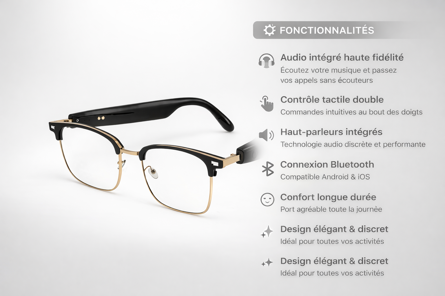 Lunettes Bluetooth Audio - Appels & Musique Sans fil-KOIPSSE - TechSight.vision
