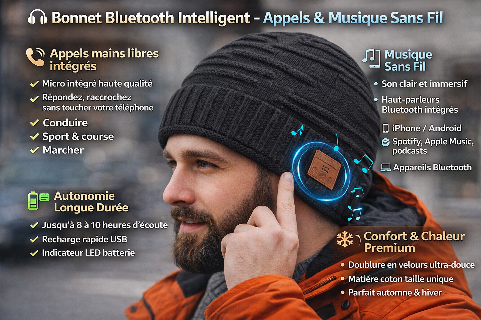 TechSight.vision Bonnet Bluetooth Appel et Musique - Chapeau Mains-Libres Doublure Velours Automne Hiver