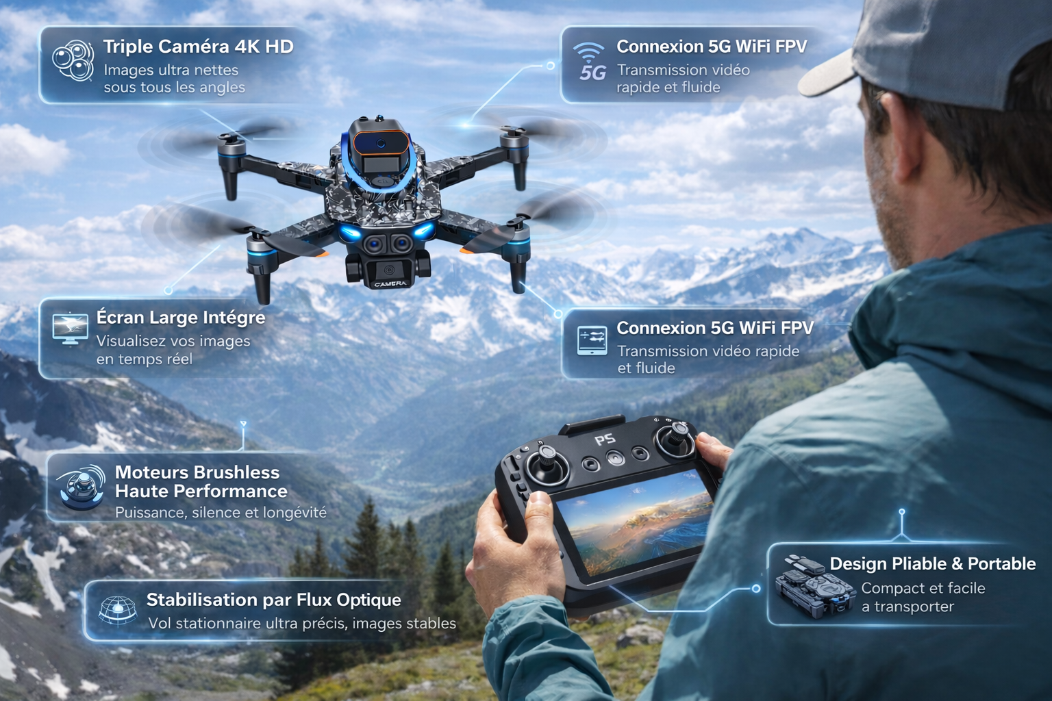 TechSight Drone D13 4K - Triple Caméra HD Professionnelle