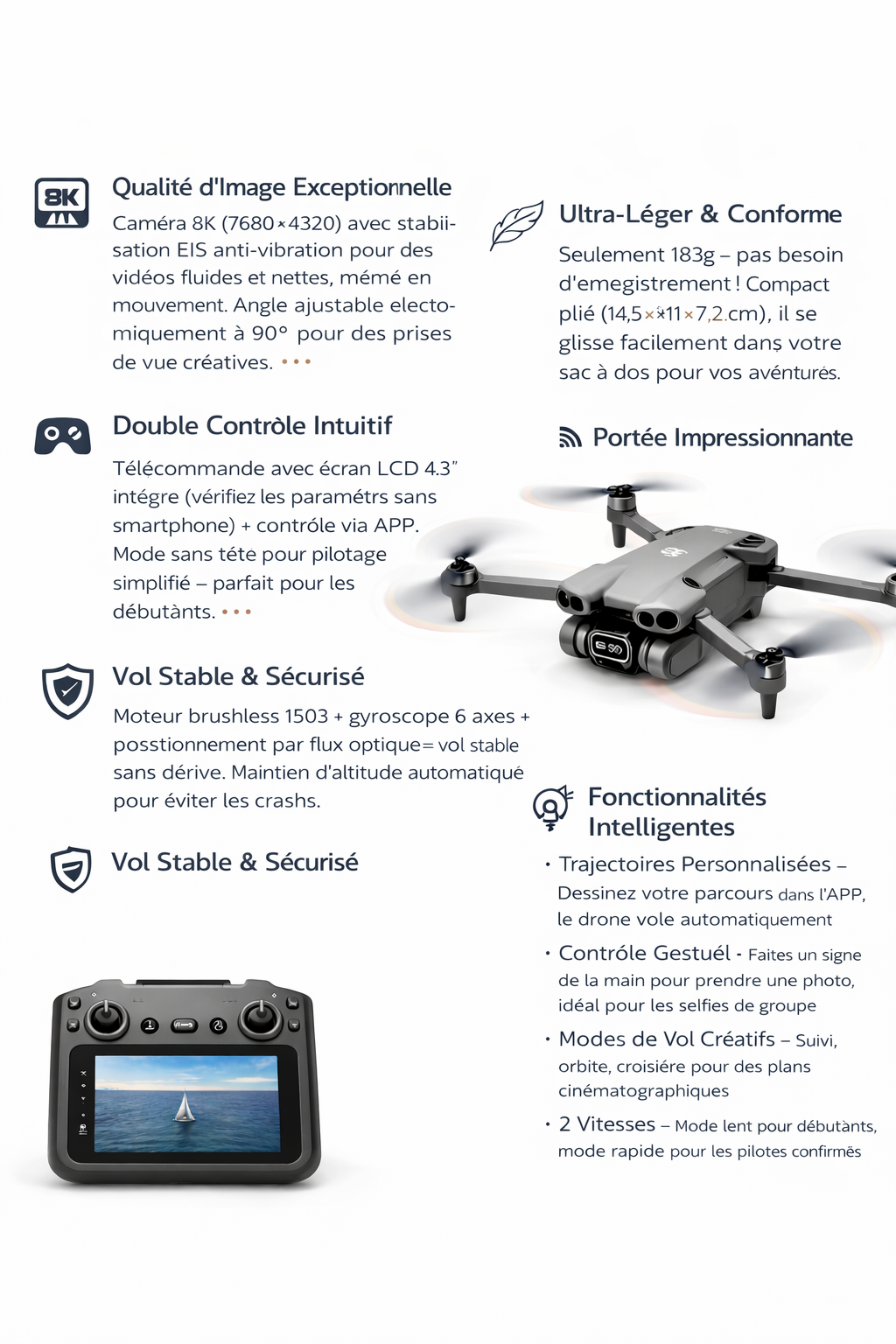 TechSight.vision GT50 Drone 8K - Caméra EIS 183g Quadricoptère GPS Pliable avec Écran 4.3" pour Débutants