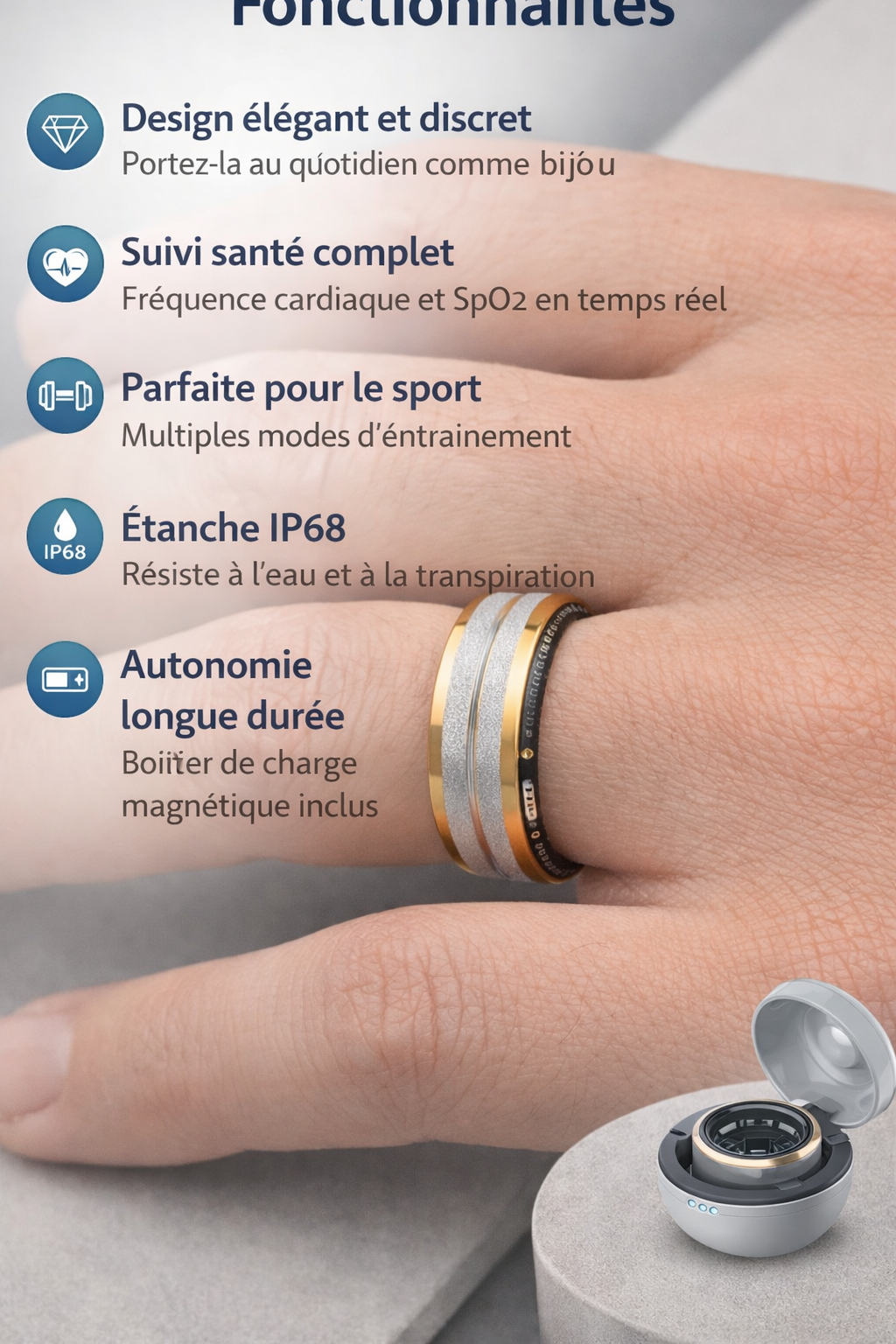 Bague Connectée Intelligente - Suivi Santé & Sport IP68 | TechSight.vision