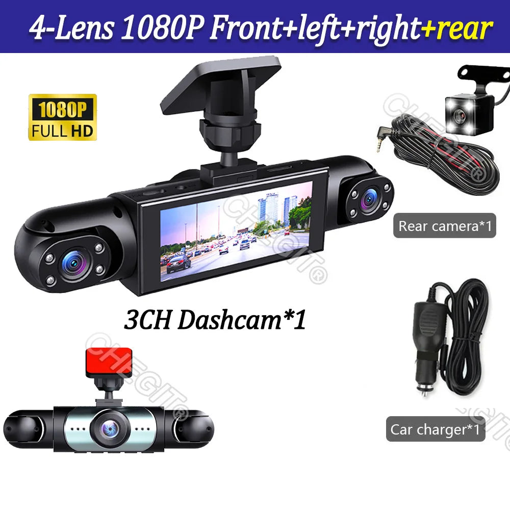 TechSight 4-Channel Dash Cam 1080P | Vision 360° Jour & Nuit – 3/4 Caméras
