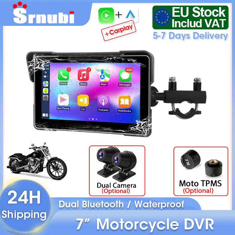 TechSight | Écran Moto 7" Tactile | CarPlay & Android Auto Sans Fil | DVR Double Caméra | GPS | TPMS | IPX7
