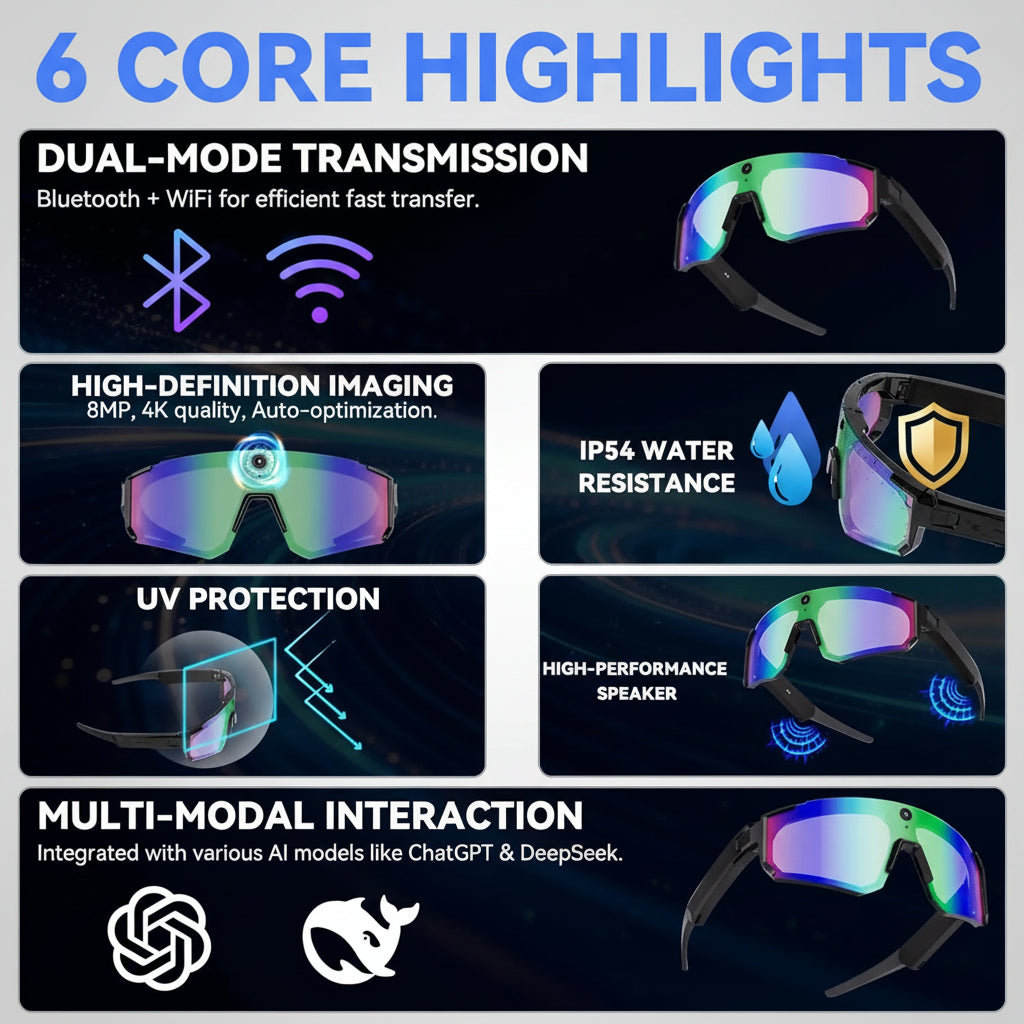 Lunettes AI TechSight V06 – Caméra 800W HD, Anti-Shake, Bluetooth & Assistant Vocal