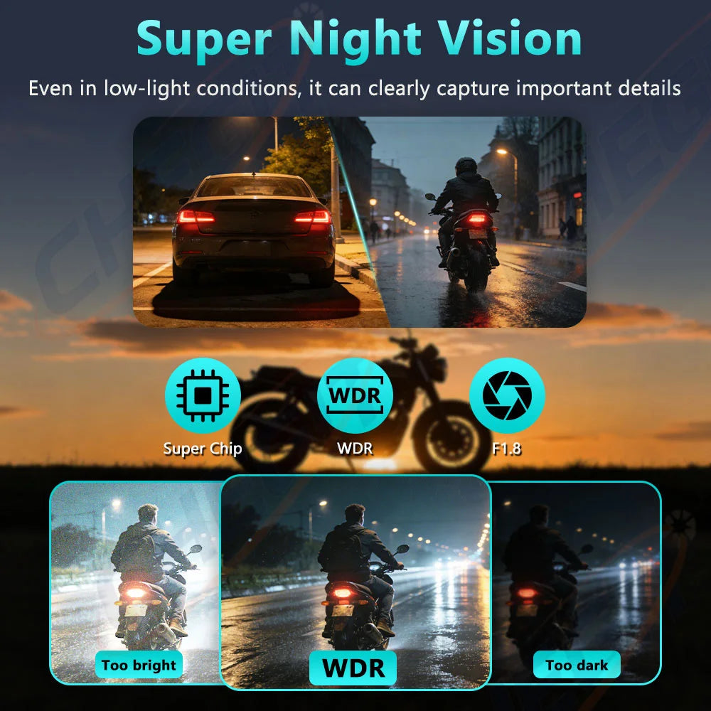 TechSight Dash Cam Moto 2K HD | WiFi, Étanche IP66 & Vision Nocturne 170°