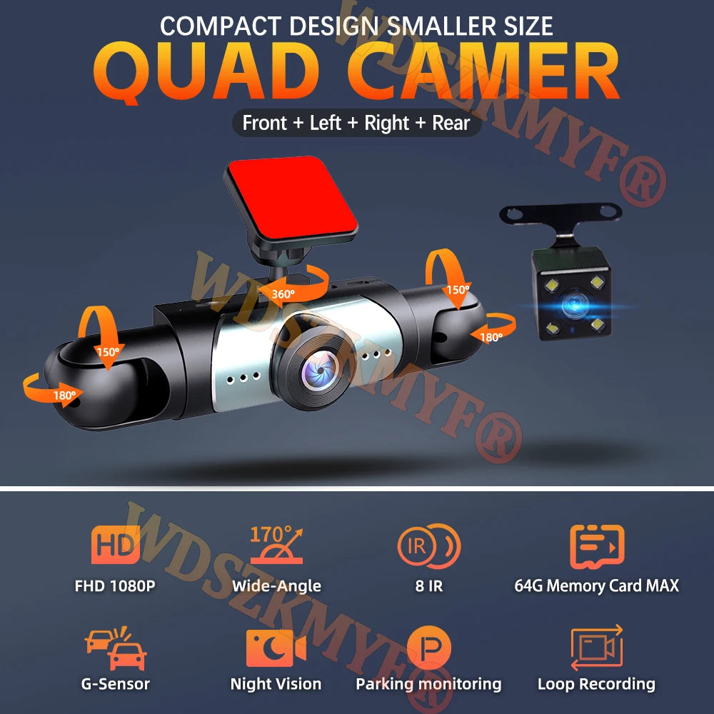 TechSight 4-Channel Dash Cam 1080P | Vision 360° Jour & Nuit – 3/4 Caméras