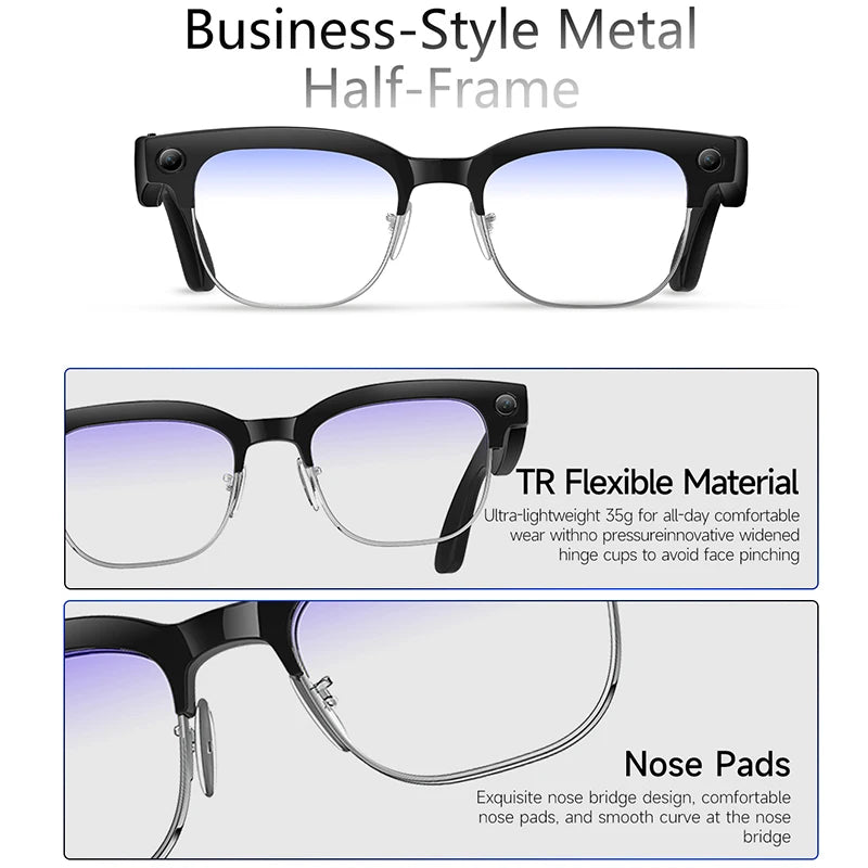 TechSight AI Glass 4K – Lunettes Intelligentes | Caméra 4K 8MP, Traduction IA, Réveil Vocal & Anti-Lumière Bleue