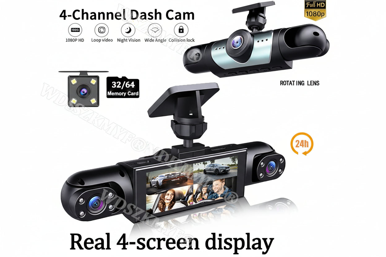TechSight 4-Channel Dash Cam 1080P | Vision 360° Jour & Nuit – 3/4 Caméras