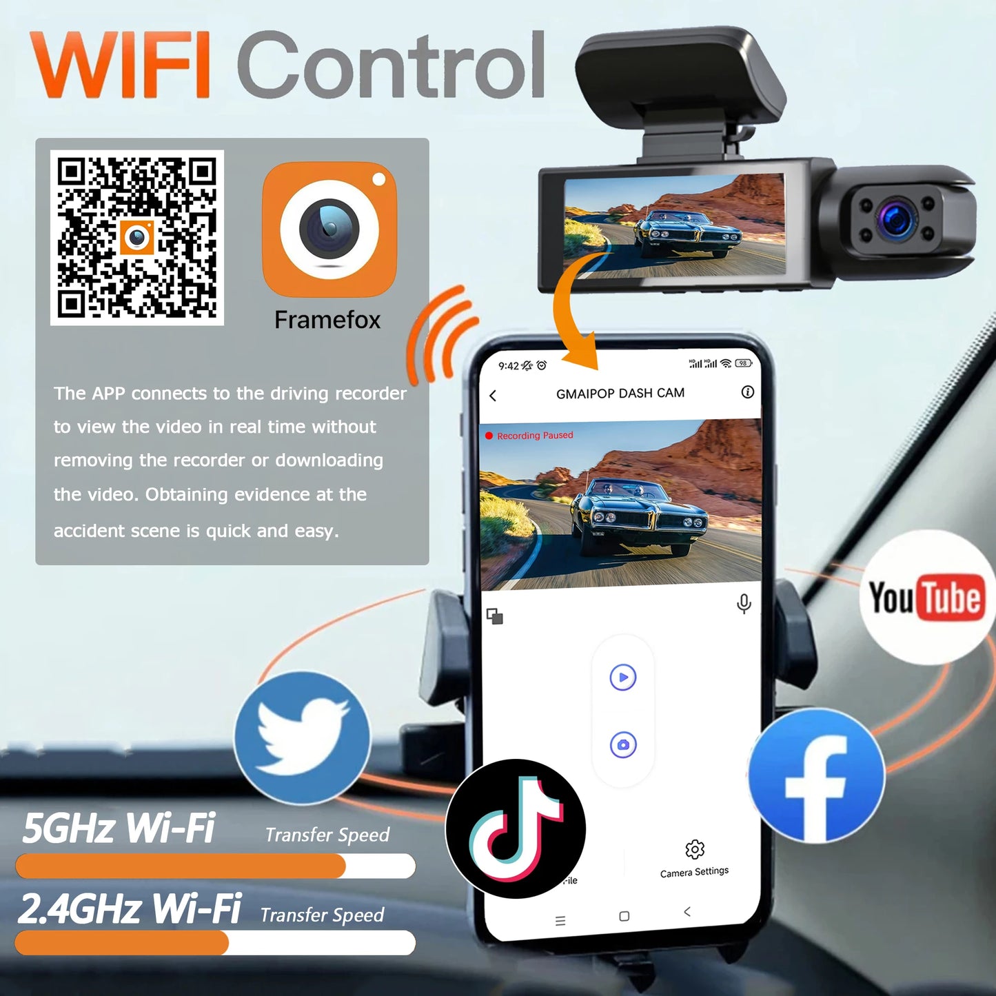 TechSight.vision - Dashcam WiFi Double Caméra 1080P Avant et Intérieur avec Vision Nocturne IR
