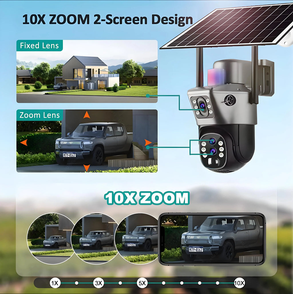 Caméra Solaire WiFi TechSight.vision - Zoom 10X 4K 12MP Double Écran Vision Nocturne Couleur